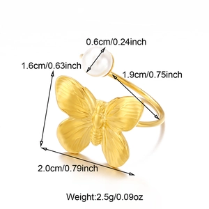 18K gold plated stainless steel butterfly pearl open ring with size specifications