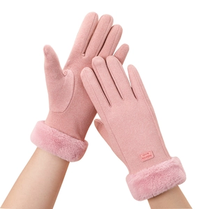 Gants tactiles roses pour femmes en suédine avec poignets en peluche chaude