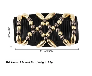 Detail view of elastic magic hair comb with metallic beads and double-row resin teeth