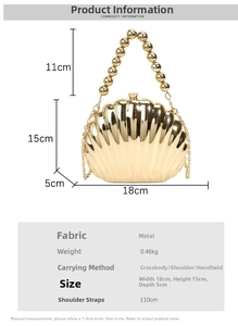 Macro detail of golden scallop metal evening bag with bead handle and chain strap