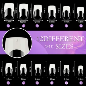 Size chart for square medium-length press-on nails featuring twelve distinct dimensions