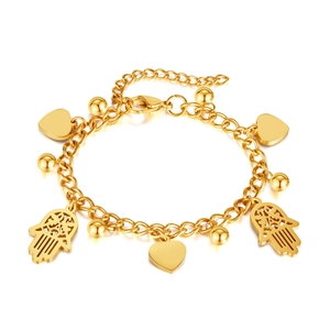 Golden stainless steel charm bracelet with heart, bead, and Hamsa Hand on white background