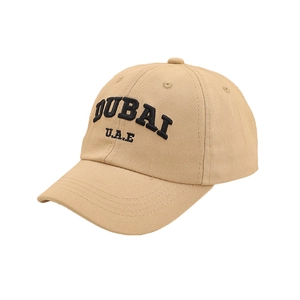 Casual khaki cotton baseball cap featuring black 3D embroidered DUBAI letters and U.A.E text