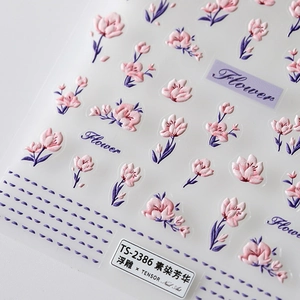 5D embossed floral nail art sticker with pink gradient flowers and 3D textured design