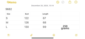 Detailed size chart for lightweight padded jacket showing bust and length measurements