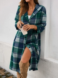 Detailed view of women's casual oversized green plaid hooded long shirt jacket with buttons