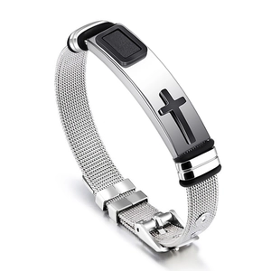 Detail view of silver stainless steel mesh bracelet with black cross and buckle