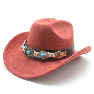 Detail of western cowboy hat band with turquoise beads and brown leather trim