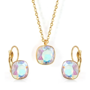 Macro shot of gold stainless steel jewelry set with square iridescent cubic zirconia crystals