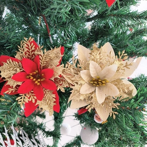 Sparkling 14cm artificial Christmas flowers in red and gold for festive tree decoration