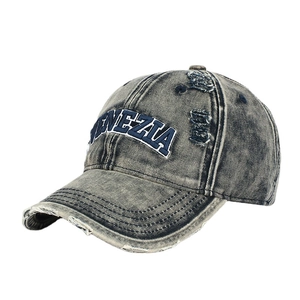 Vintage dark gray washed cotton baseball cap with Venezia embroidery and distressed holes