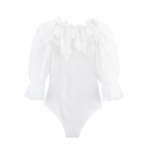 White ribbed bodysuit featuring lace trim collar and mesh puff sleeves for women