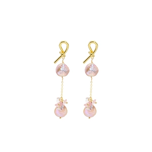 Elegant 18k gold plated long baroque pearl earrings with pink crystal and fine chains
