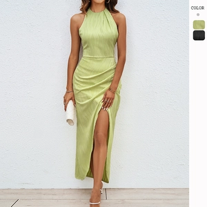 Halter Neck Maxi Dress Women Sleeveless Backless Side Slit Textured Polyester Elegant Summer Evening Long Sun Dress