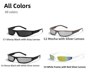 Four different color variants of Y2K futuristic narrow frame sports sunglasses shown