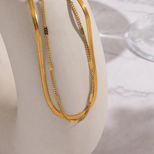 Minimalist double layer gold plated stainless steel snake chain and wave chain necklace