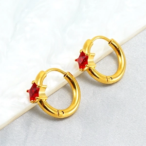 Gold-plated hoop earrings featuring a red zircon star inlay and stylish vintage design