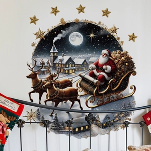 Bedroom wall decor featuring Santa on a sleigh with reindeer and stars stickers