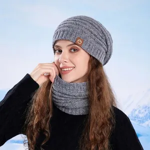 Winter two-piece set featuring a dark grey chunky knit beanie and matching neck warmer