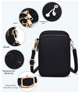 Detail of waterproof nylon phone bag featuring three zippers and a headphone jack