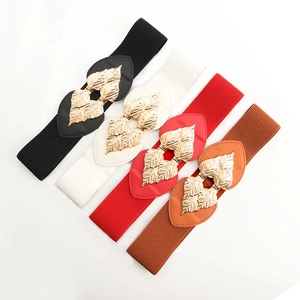 Wide elastic waist belts for women with gold leaf buckles in black white red and brown