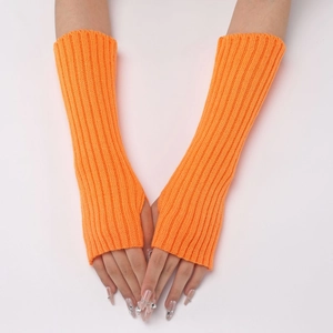 Close-up of bright orange ribbed knit arm warmers with a stylish fingerless design