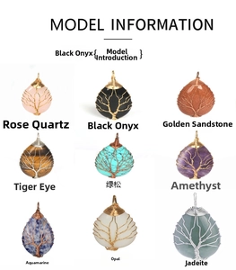 Macro display of nine distinct tree of life crystal pendants with intricate wire wrapping