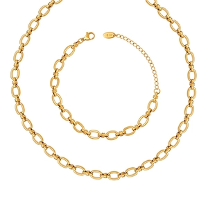 18K gold plated stainless steel chunky oval link necklace and bracelet jewelry set