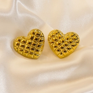 Classic 14K gold-plated stainless steel heart stud earrings with quilted texture on silk