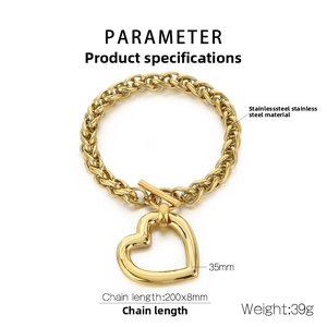 Macro detail of gold stainless steel heart bracelet with OT clasp and 35mm pendant size