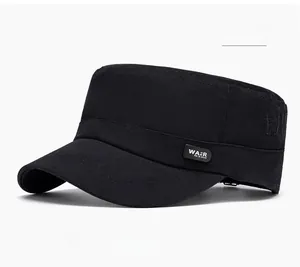 Side view of black cotton flat top military cap with subtle letter W embroidery