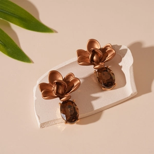 Vintage Flower Drop Earrings With Alloy Matte Brown Floral And Amber Zircon Stone Silver Earring Post Retro For Women
