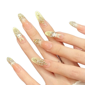 Pink gradient stiletto press-on nails with 3D crystal rabbit, pearls and gold glitter