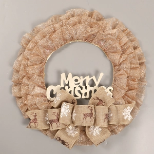Christmas burlap wreath with Merry Christmas wooden sign and reindeer ribbon bow