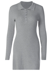 Chic grey long-sleeve polo knit bodycon dress with ribbed texture and collar design