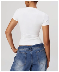 Slim fit white yoga t-shirt back view showing stretch fabric and high elasticity material