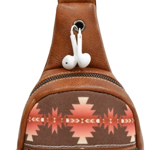 Detail of bohemian canvas sling bag featuring ethnic pattern, PU leather and earphone port