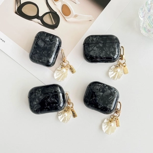 Black marble pattern case for AirPods Pro with pearl and shell charm accessory