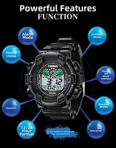 Close-up of digital sports watch features including alarm, stopwatch, and luminous display