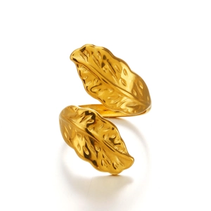 Golden chunky feather open ring in stainless steel with detailed leaf texture on white base