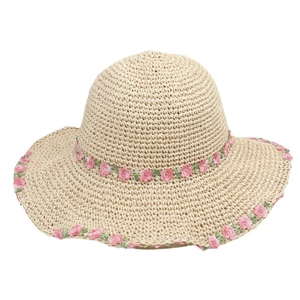 Women's beige straw sun hat with pink flower embroidery and wide wavy brim for beach