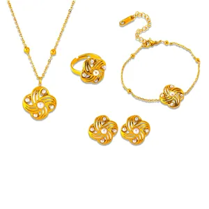 Stainless Steel Jewelry Necklace Bracelet Earrings And Open Ring With Artificial Pearl Windmill Flower Vintage Gold Plated Women