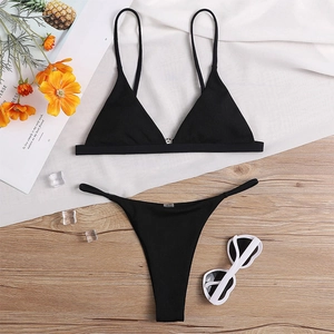 Ribbed Bikini Triangle Top And Thong Bottom Halter Swimwear Solid Color Sexy Beachwear For Women