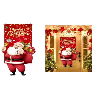 Outdoor Christmas door banner with Santa Claus holding a bell in a festive porch scene