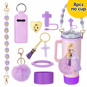Detailed 8pcs purple accessories set for Stanley cup featuring glitter cross and tassels
