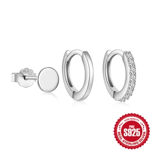 S925 sterling silver minimalist earring set with polished hoop and cubic zirconia studs