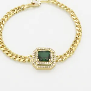 18 Karat vergoldetes Kupfer-Gliederarmband mit quadratischem smaragdgrünem Edelstein und Diamanten