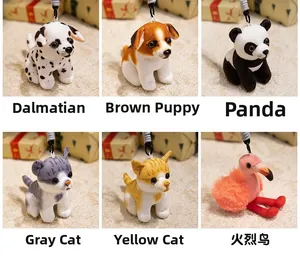 Plush animal keychains collection featuring dog, panda, cat, and flamingo charms