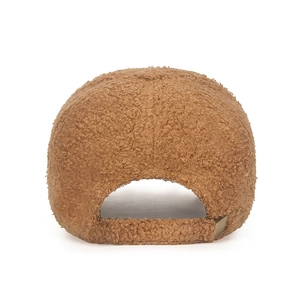 Brown faux shearling baseball cap with adjustable back strap and metallic buckle