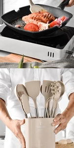 Detailed view of beige silicone cooking set used for frying fish and kitchen storage bucket